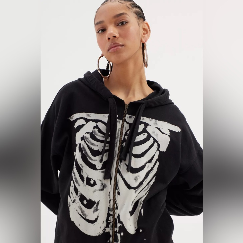 Skeleton Zip-Up Sweatshirt Halloween Goth Comfy Small Hoodie Urban Outfitters